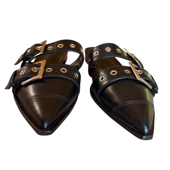 Schutz "Penny Flats" Black Buckle Mules with Silver Hardware, Pointy Toes size 6 - Picture 5 of 15